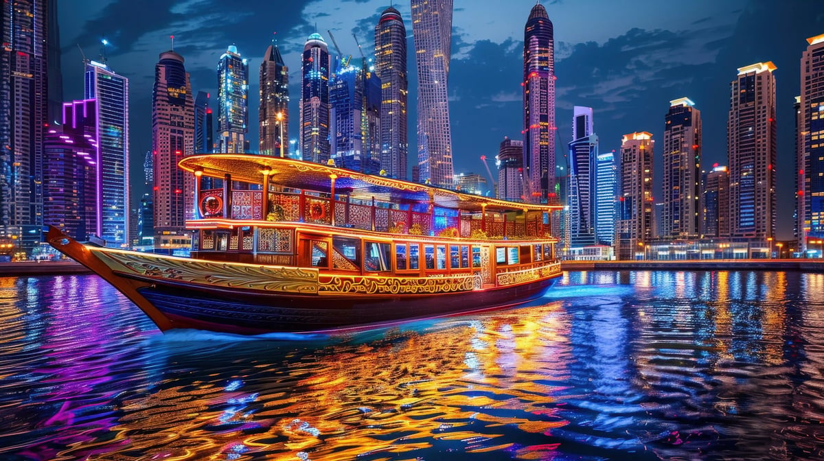 Beleuchtetes Holzboot fährt abends durch die Skyline von Dubai mit glitzernden Hochhäusern