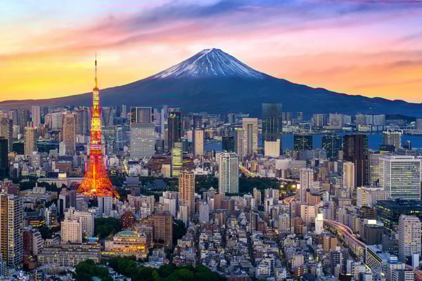 Skyline von Tokio mit beleuchtetem Tokyo Tower und Fuji Berg im Hintergrund
