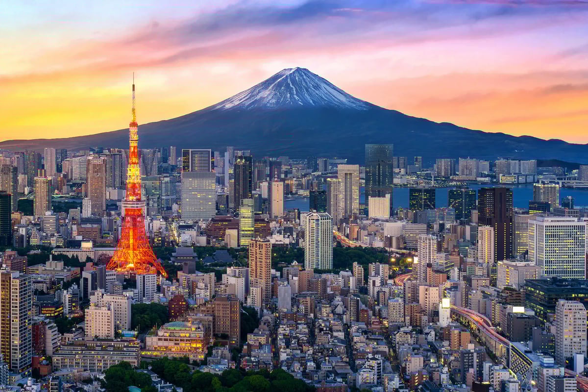 Skyline von Tokio mit beleuchtetem Tokyo Tower und Fuji Berg im Hintergrund