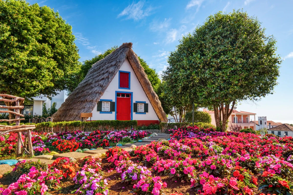 Maison traditionnelle au toit de chaume à Santana sur Madère entourée de parterres de fleurs colorées et d’arbres verdoyants