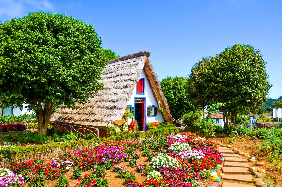 Vue frontale d’une maison traditionnelle à Santana avec toit de chaume porte rouge et jardin fleuri