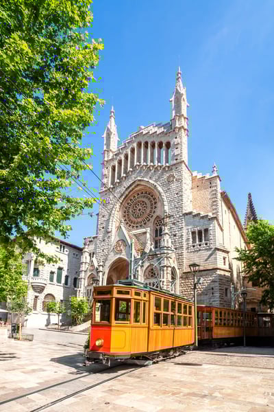 Historische gelbe Strassenbahn fährt vor einer gotischen Kathedrale mit Rosettenfenster unter blauem Himmel in Palma de Mallorca