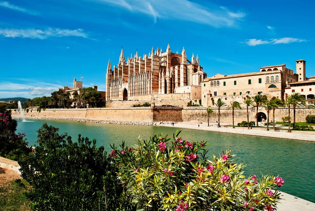 Gotische Kathedrale von Palma de Mallorca mit Wasserbecken, Bäumen und Altstadt