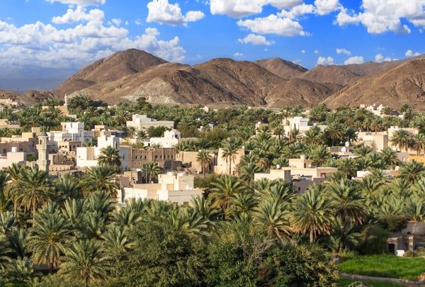 Blick auf die Oase Bahla mit Palmen, traditionellen Lehmhäusern und Bergen im Hintergrund