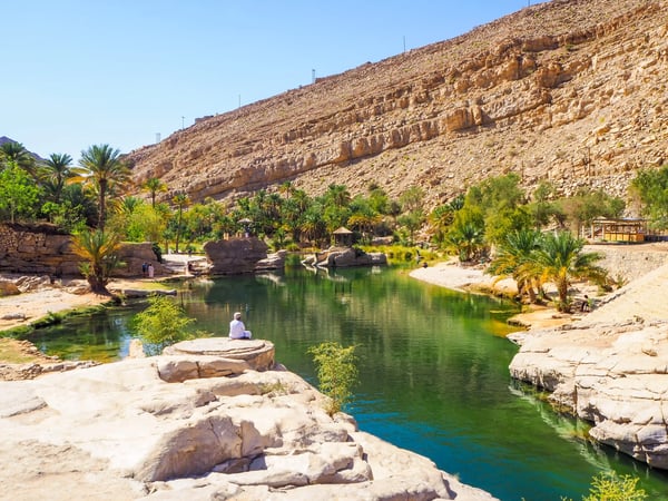 Natürlicher Wasserpool im Wadi Bani Khalid mit Palmen, Felsen und Besuchern am Ufer