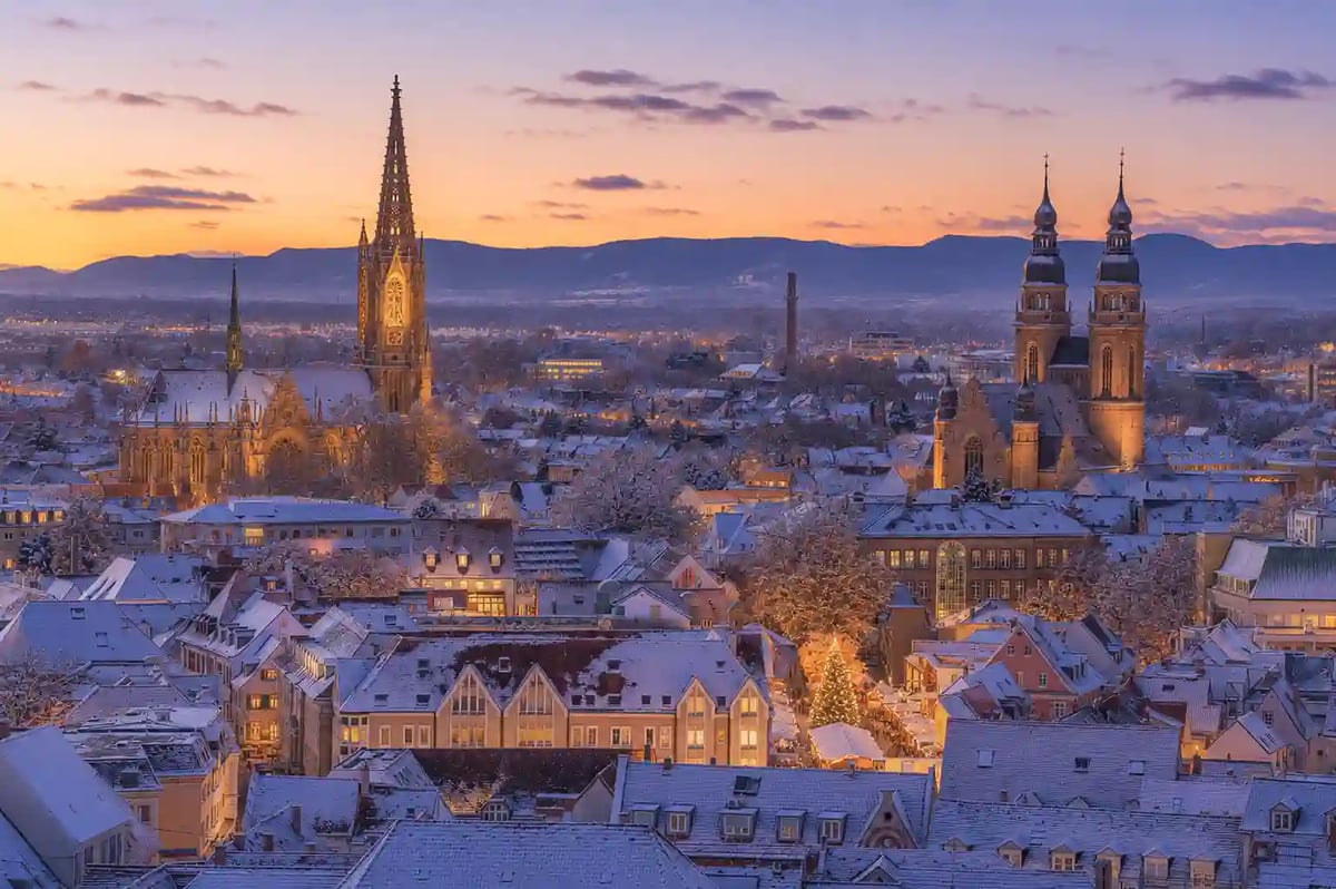 Verschneite Dächer einer Stadt bei winterlicher Abenddämmerung mit einer beleuchteten gotischen Kirche links und einer romanischen Kathedrale mit zwei markanten Türmen rechts.