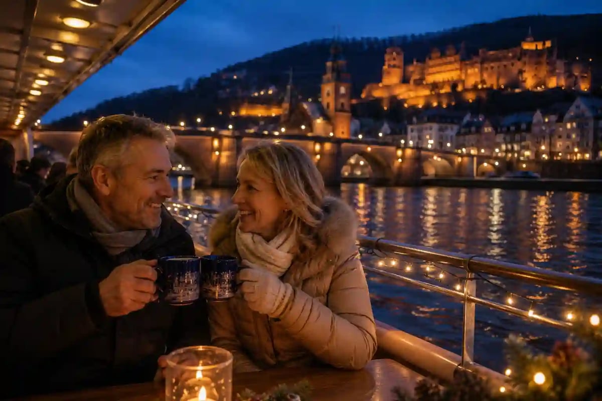 Ein Paar sitzt lächelnd mit Tassen auf einem Schiff bei Nacht und stösst an, im Hintergrund die beleuchtete Alte Brücke und das Schloss Heidelberg über dem Neckar.
