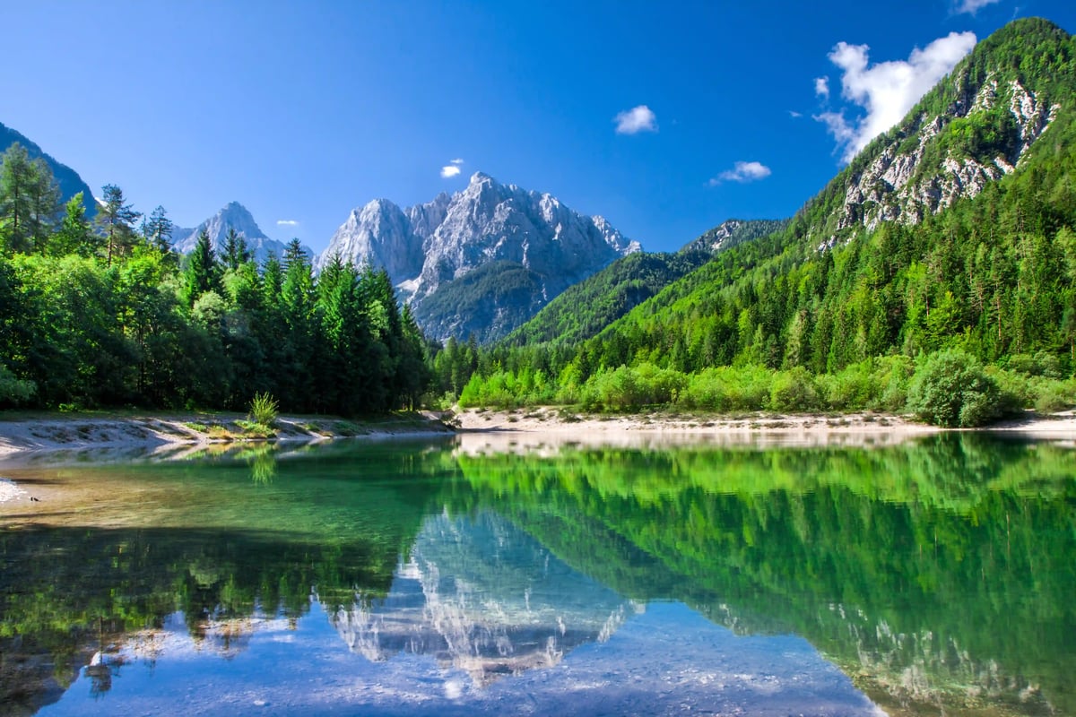 Klarer Bergsee im Triglav Nationalpark mit Spiegelung von Wäldern und felsigen Gipfeln unter blauem Himmel