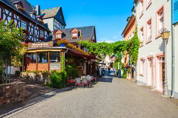 Malerische Gasse in Rüdesheim mit Fachwerkhäusern Weinstuben und üppigem Grün