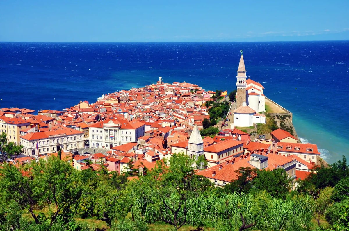 Blick auf die Altstadt von Piran mit roten Ziegeldächern und markantem Kirchturm auf einer Halbinsel am tiefblauen Meer