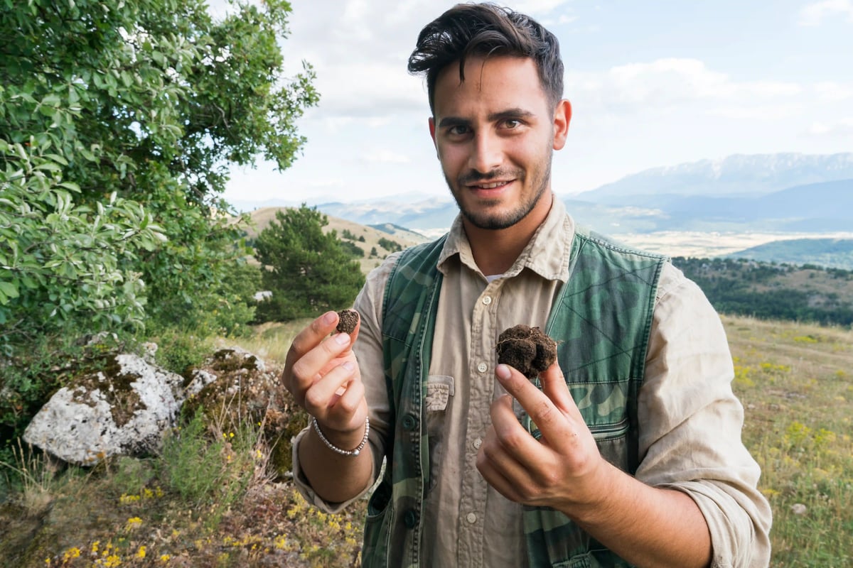 Un homme en plein air montre deux truffes à la caméra; paysage vallonné et végétation en arrière-plan.