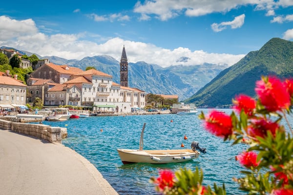 Hafenpromenade in Kotor mit kleinem Boot im türkisblauen Wasser, Kirchturm und Bergen im Hintergrund, rote Blumen im Vordergrund