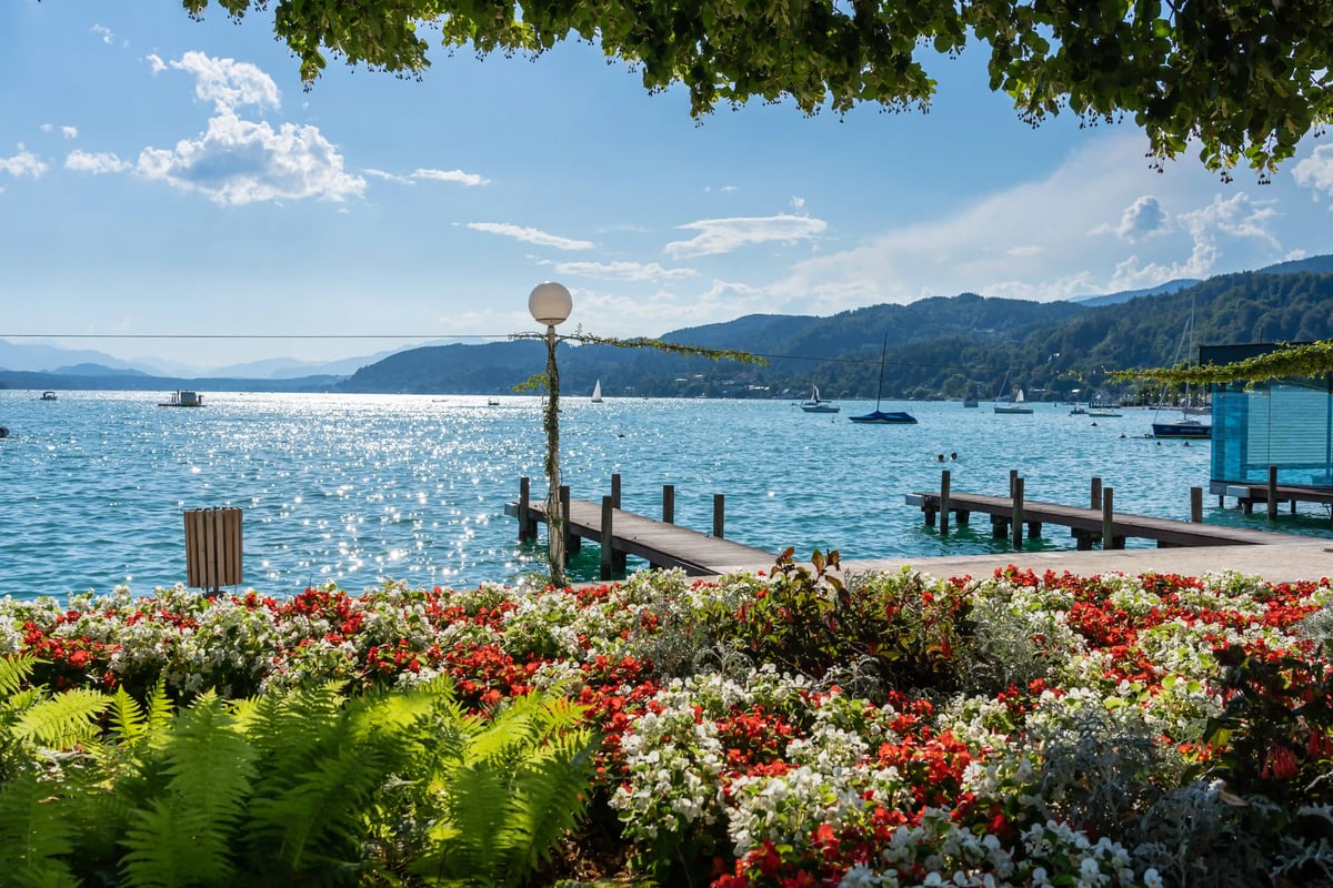 Blumenbeet am Ufer des Wörthersees mit Steg Booten und glitzerndem Wasser vor Berglandschaft