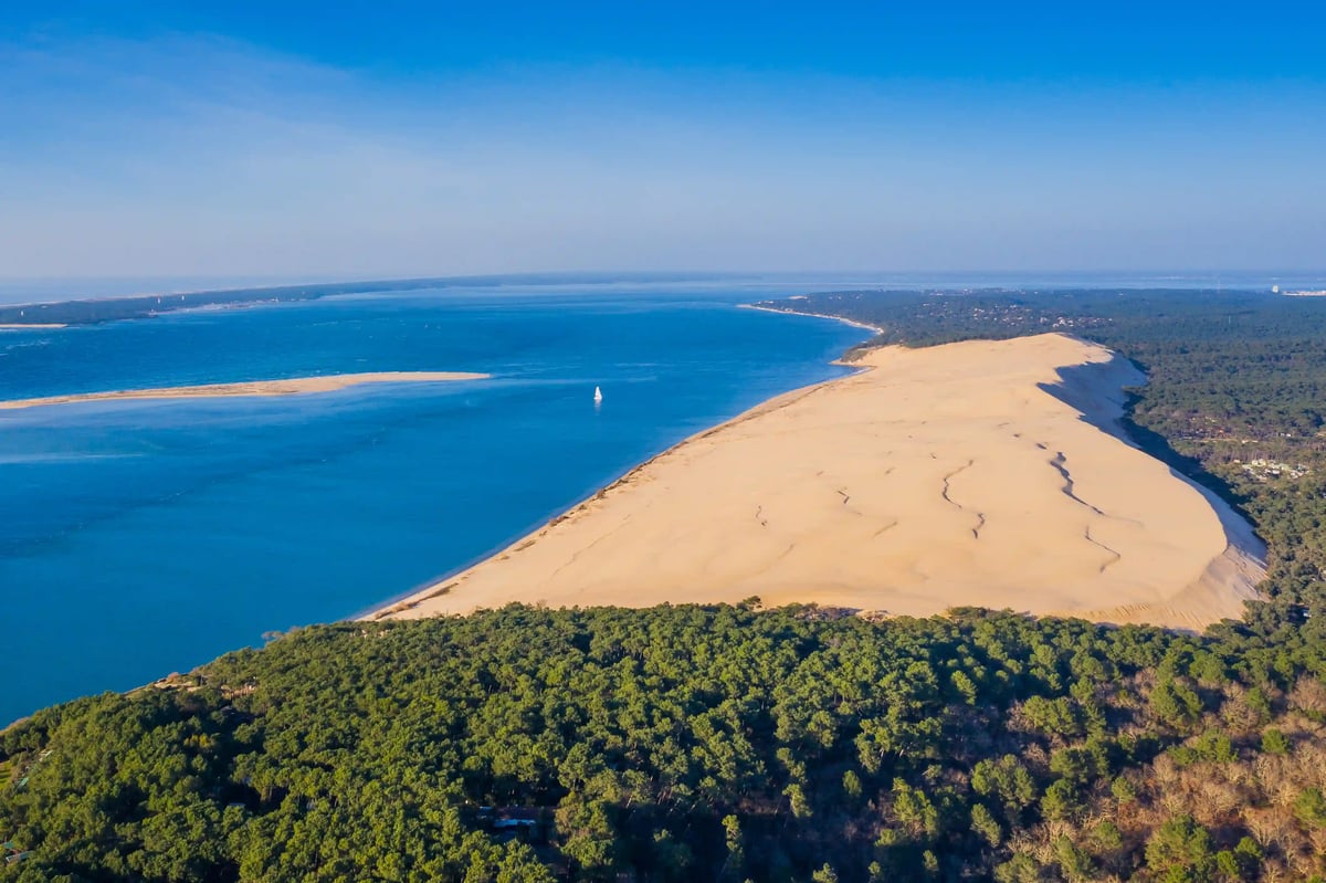 Blick auf die Dünen von Pilat mit hellem Sand, tiefblauem Meer und grünem Wald an der Atlantikküste