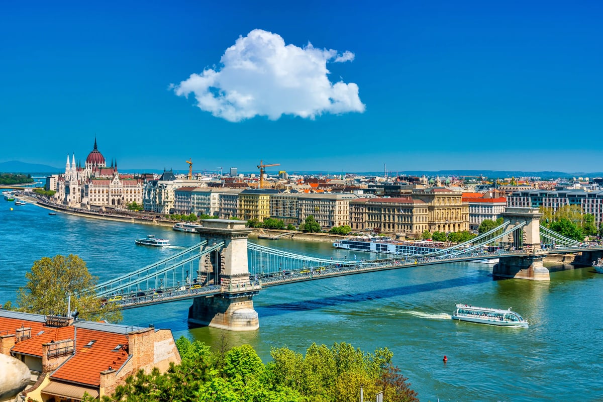 Panoramablick auf Budapest bei Tageslicht mit der Kettenbruecke über die Donau und dem Parlamentsgebäude im Hintergrund