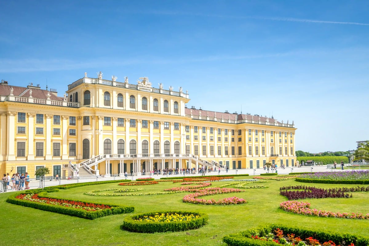 Schloss Schönbrunn in Wien mit gelber Fassade, symmetrischem Garten und Besuchern im Vordergrund