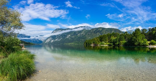 Klarer Bohinj See mit flachem Ufer, grünen Wäldern und Bergen im Hintergrund