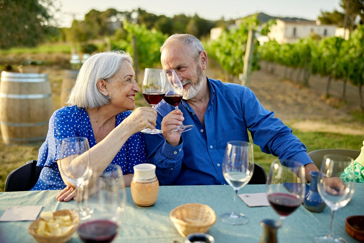 Couple âgé trinquant avec des verres de vin rouge lors d'une dégustation de vin dans un vignoble