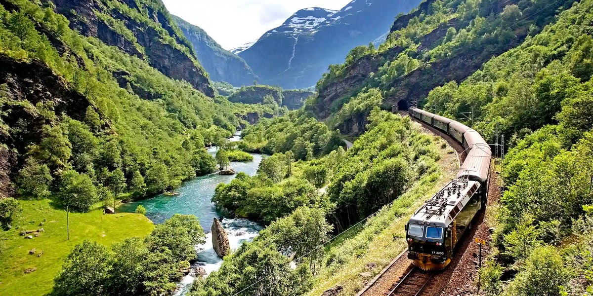 Zug der Flåmbahn fährt durch ein grünes Bergtal entlang eines Flusses, steile bewaldete Hänge und hohe Berge rahmen die Strecke ein