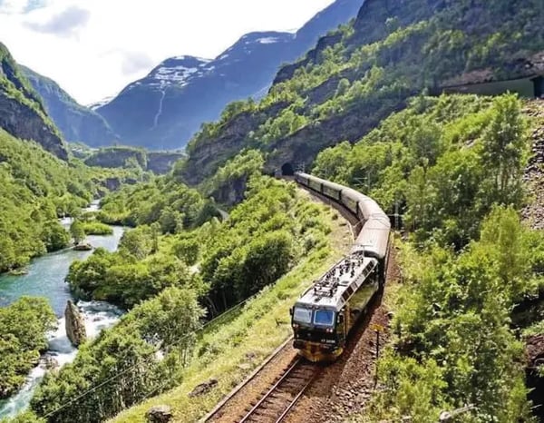 Zug der Flåmbahn fährt durch ein grünes Fjordtal entlang eines Flusses