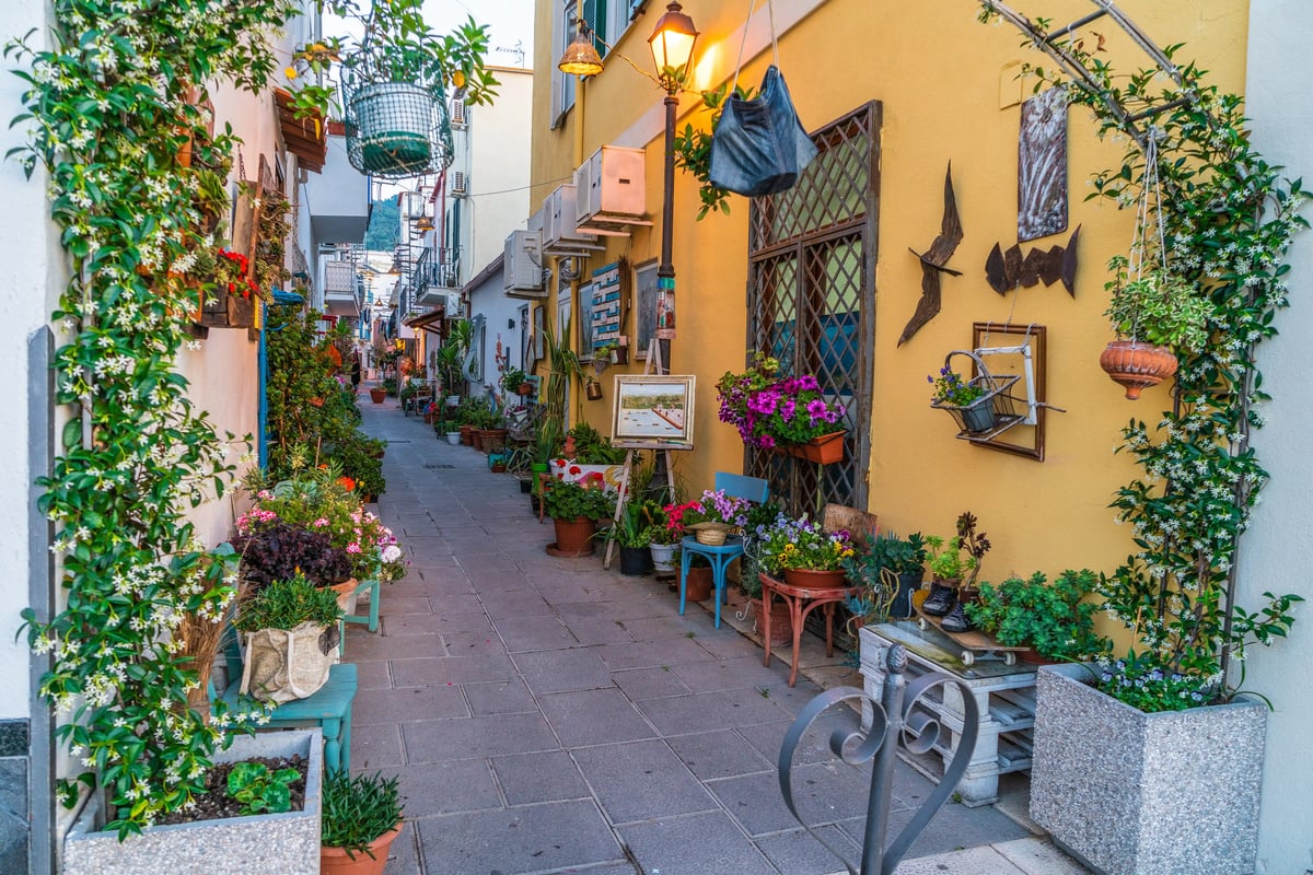 Schmale Gasse auf Ischia mit vielen Topfpflanzen und Blumen, Laternenlicht, Stühlen und dekorierten Hauswänden.
