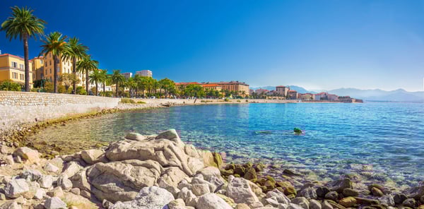 Küstenpromenade mit Palmen und Gebäuden in Ajaccio, im Vordergrund liegen helle Felsen am klaren Meer unter blauem Himmel