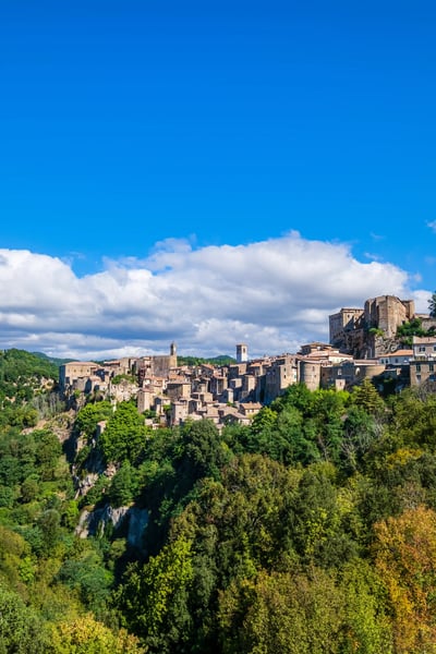 Village medieval de Sorano avec maisons en pierre construites sur un rocher dominant une vallee boisee