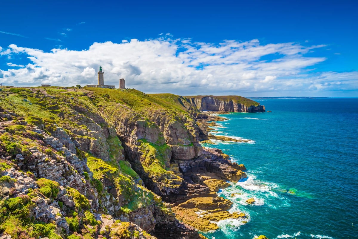 Grüne Steilküste am Cap Fréhel mit Leuchtturm und Blick auf das offene Meer