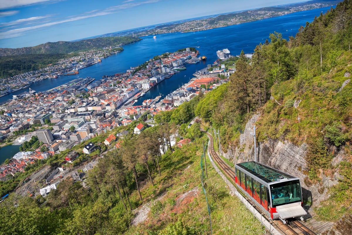 Standseilbahnwagen fährt am Hang bergauf, darunter Stadt und Hafen von Bergen mit blauem Fjord.