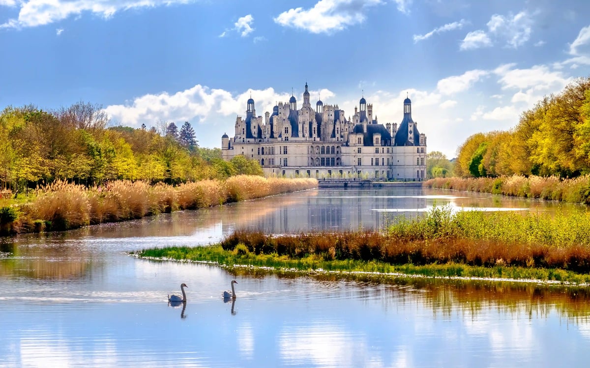 Schloss Chambord mit vielen Türmen steht am Ufer eines ruhigen Flusses, davor zwei Schwäne auf dem Wasser unter blauem Himmel.