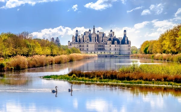 Schloss Chambord mit vielen Türmen steht am Ufer eines ruhigen Flusses, davor zwei Schwäne auf dem Wasser unter blauem Himmel.