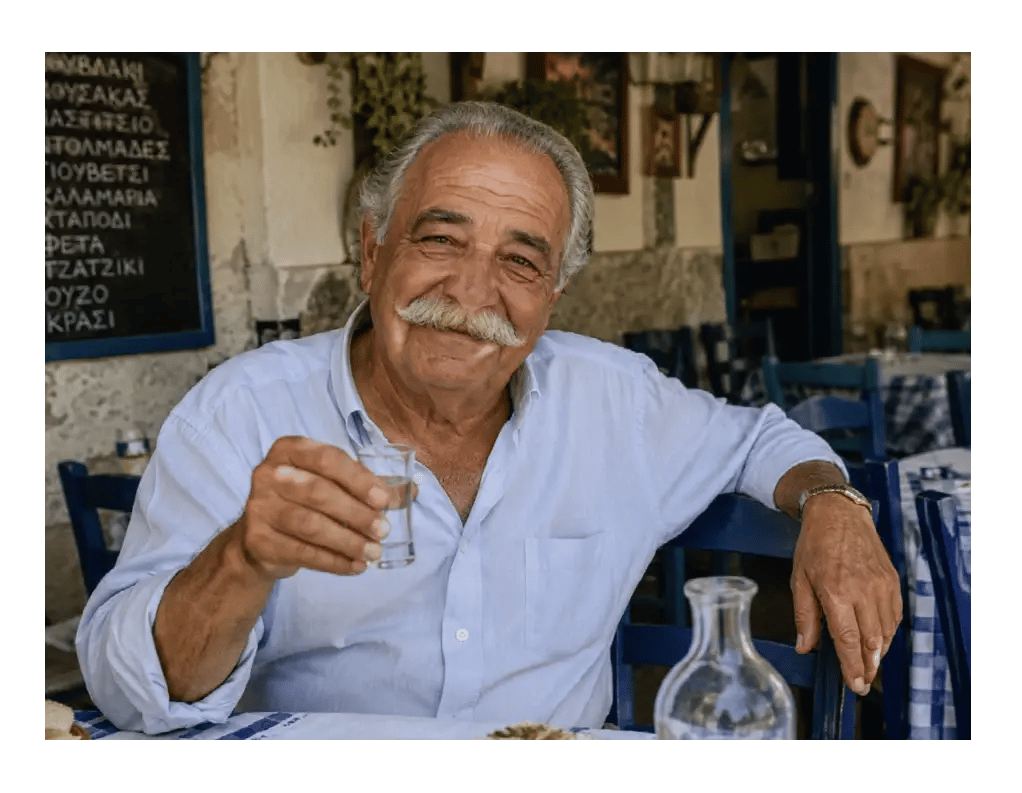 Lächelnder Einheimischer in einer traditionellen Taverne mit einem Glas Raki in der Hand.