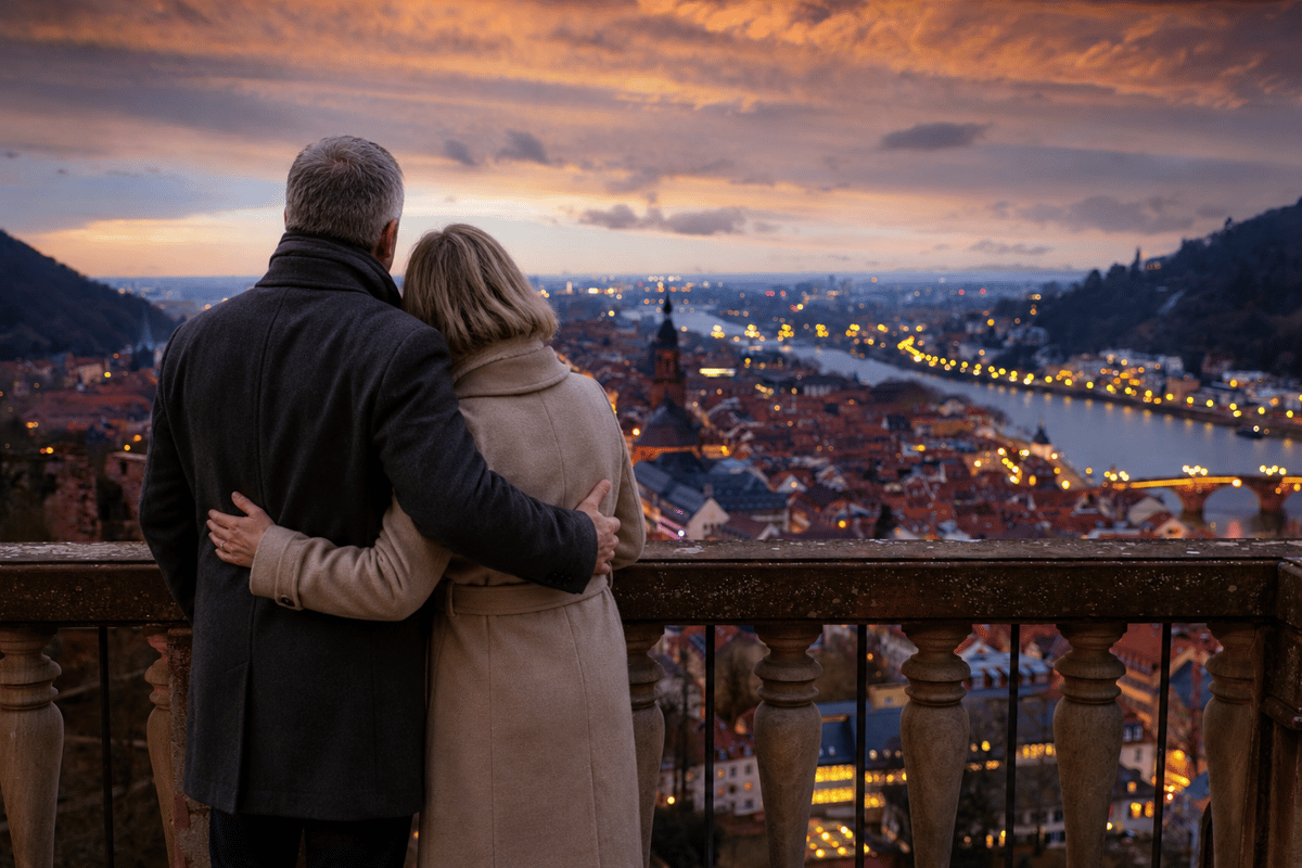 Paar geniesst den Abendblick über die Altstadt von Heidelberg und den Neckar.