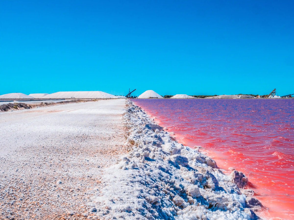 Rosa Salzseen und weisse Salzhügel bei Aigues-Mortes in der Camargue.
