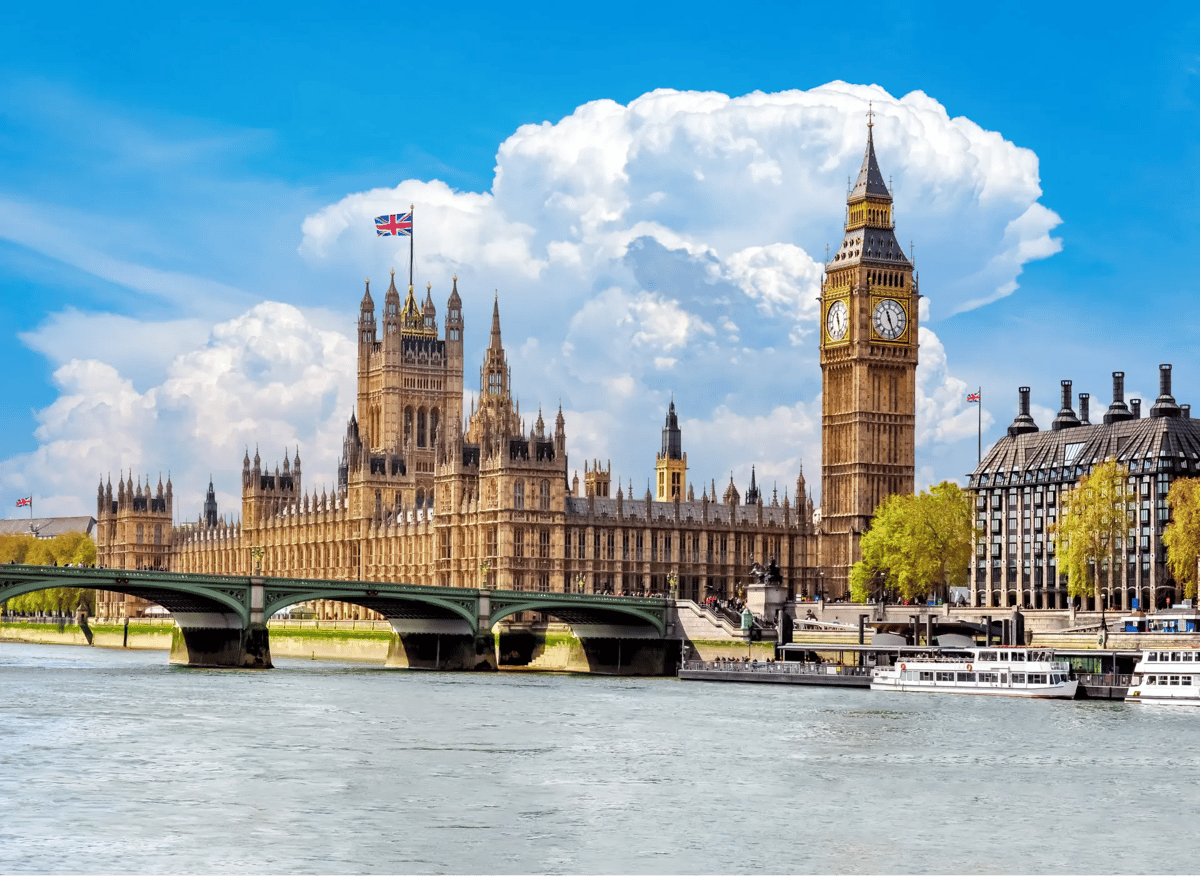 Blick auf den Palace of Westminster mit Big Ben und der Themse in London.