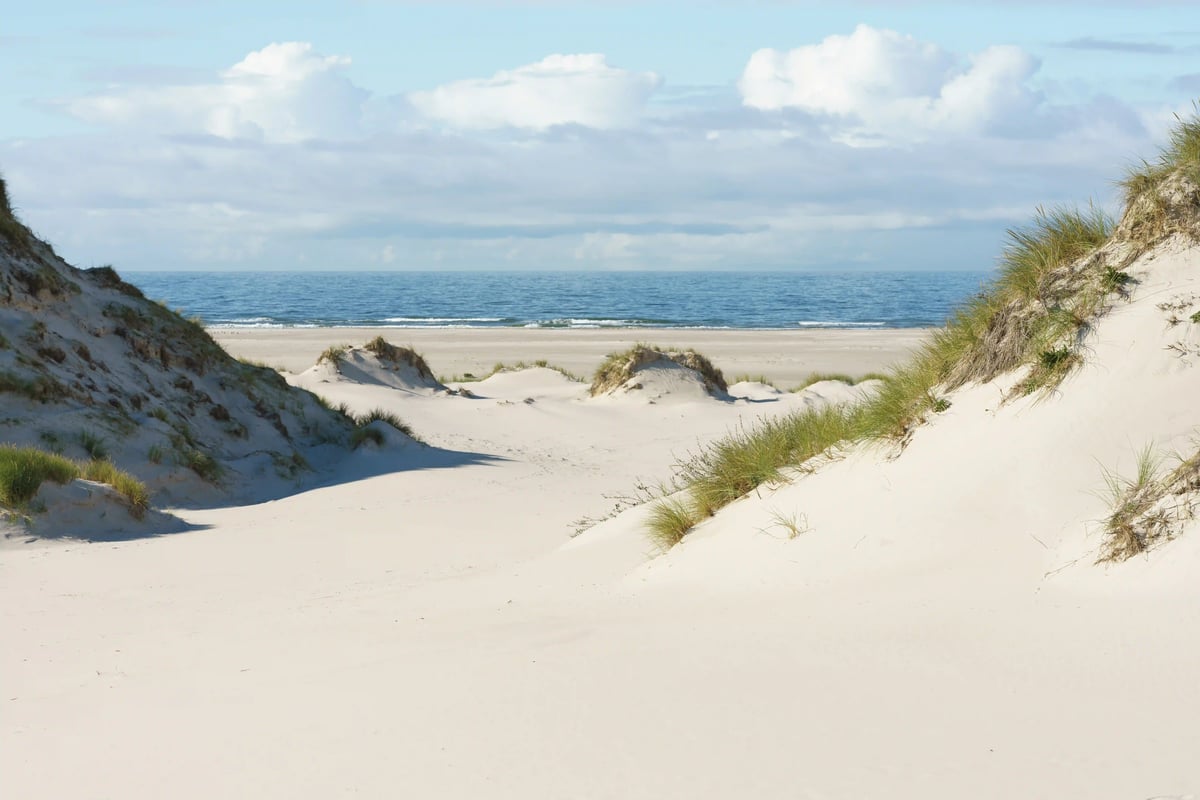Weisse Sanddünen am Strand von Norderney mit Blick auf die Nordsee.