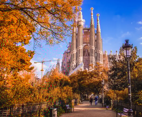 Sagrada Familia in Barcelona mit Türme und Baugerüsten umgeben von herbstlichen Bäumen