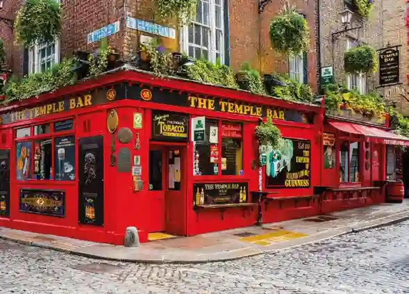Roter traditioneller Pub in Dublin mit Blumen, Schildern und Kopfsteinpflaster in einer engen Strasse