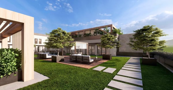 Moderne Hotelanlage mit Garten, Sitzbereichen, Terrassen und klarer Architektur