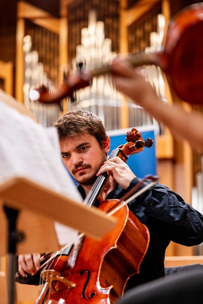 Cellist spielt im Konzertsaal vor Orgelpfeifen und liest Noten waehrend einer Probe