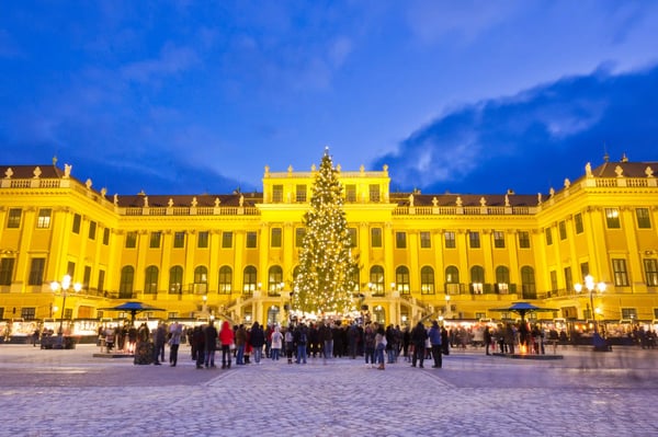 Schloss Schönbrunn in Wien mit grossem Weihnachtsbaum und Besuchern auf dem Vorplatz