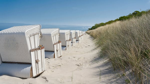 Reihe weisser Strandkörbe steht im Sand neben Dünengras an der Ostseeküste bei sonnigem Wetter
