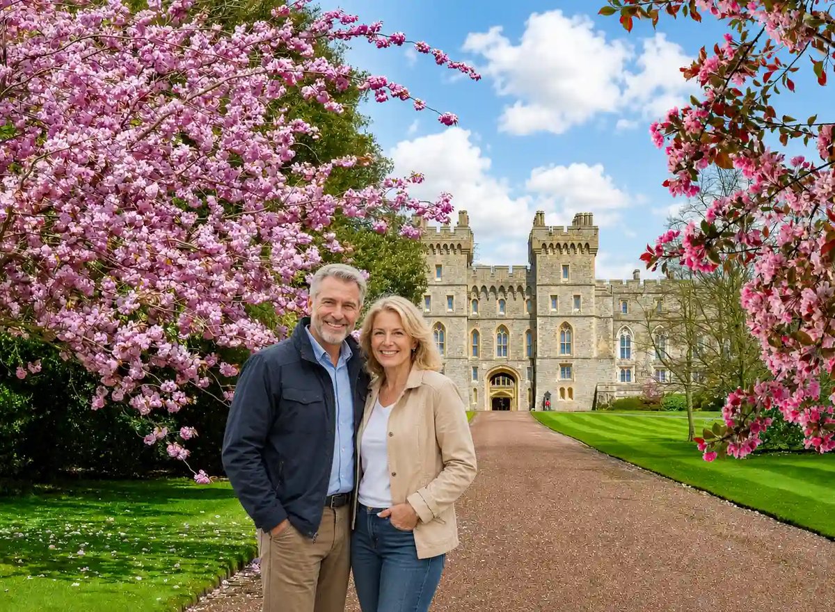 Paar vor Windsor Castle zwischen blühenden Bäumen im Frühling