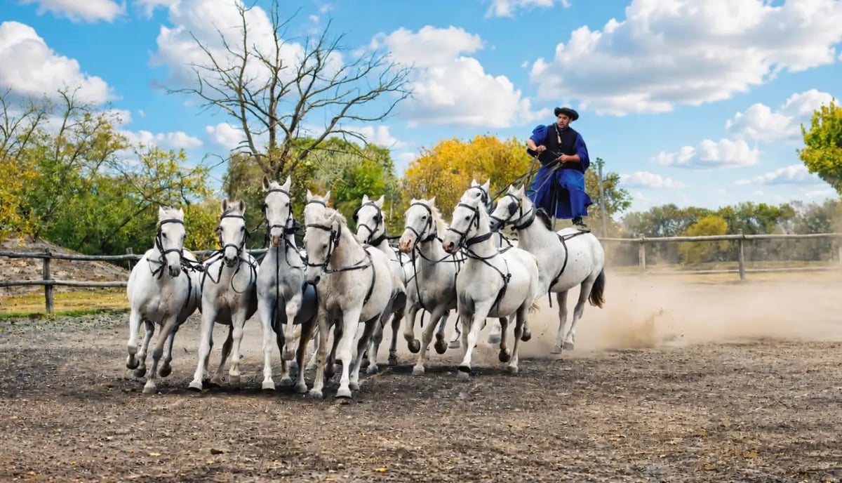 Traditionelle Reitvorführung der Csikós mit einer Gruppe weisser Pferde in der ungarischen Puszta.