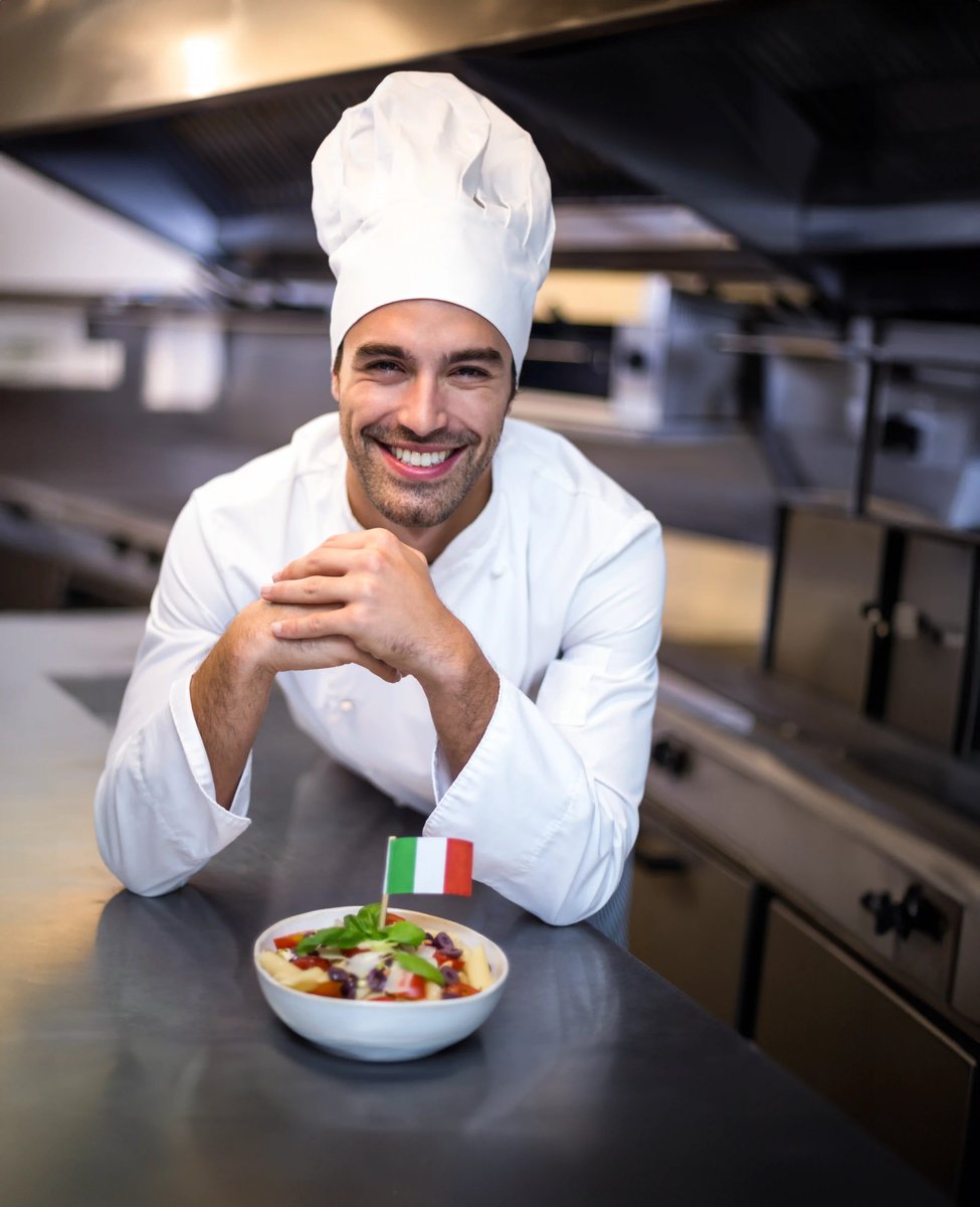 Chef souriant en tenue blanche présentant un plat italien dans une cuisine professionnelle