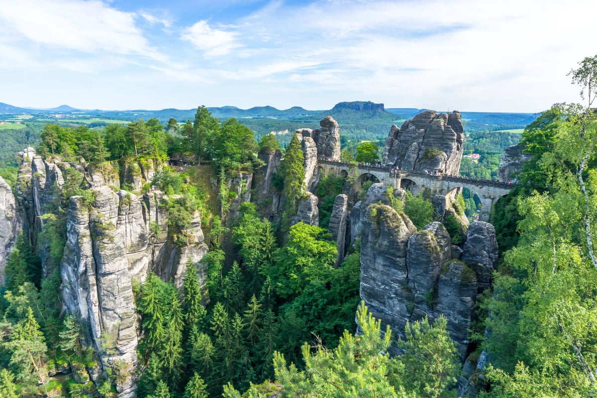 Felsformationen der Sächsischen Schweiz mit Brücke, Wald und weiter Landschaft unter blauem Himmel