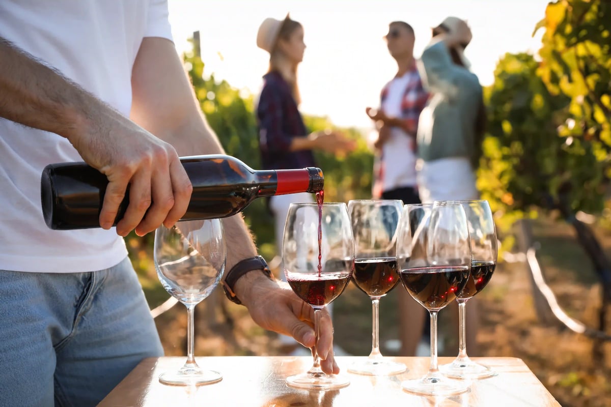 Une personne verse du vin rouge dans un verre; plusieurs verres remplis sont posés sur une table, avec des personnes floues dans un vignoble à l’arrière-plan.