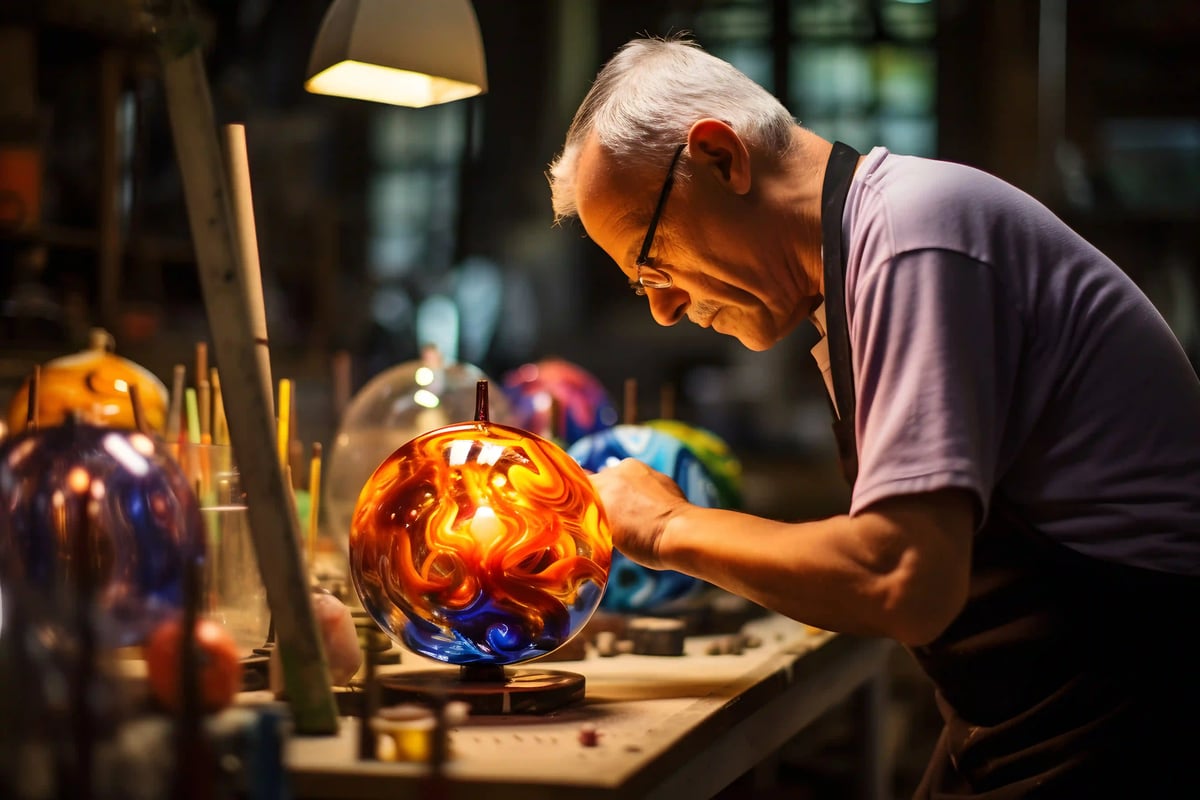 Älterer Glasbläser formt eine leuchtende bunte Glaskugel in einer Werkstatt auf der Insel Murano