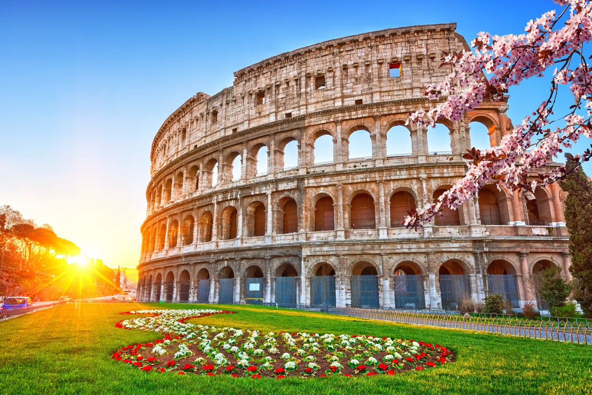 Le Colisée de Rome baigné de lumière dorée avec parterre de fleurs au premier plan et ciel bleu