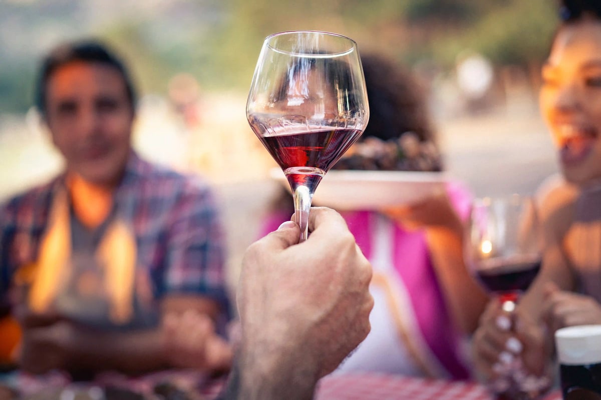 Main tenant un verre de vin au premier plan pendant que plusieurs personnes trinquent ensemble en arrière plan